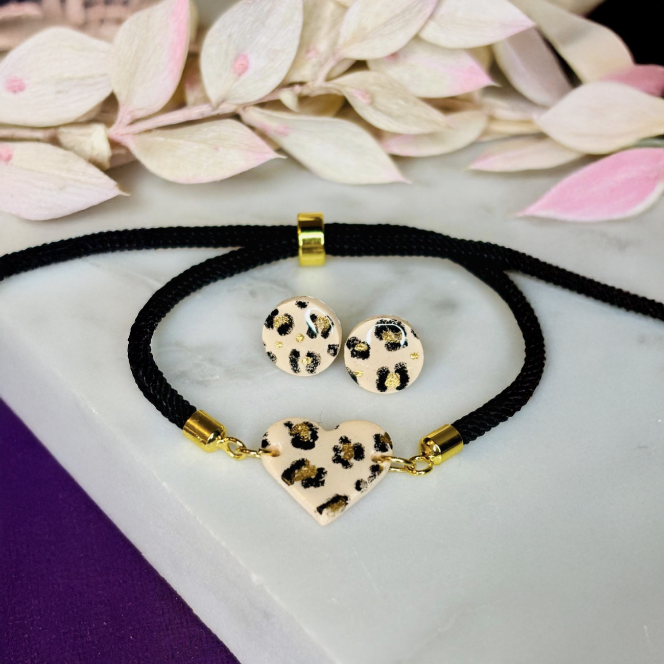 Leopard Print Bracelet & Stud Earring Set - Handcrafted Elegance