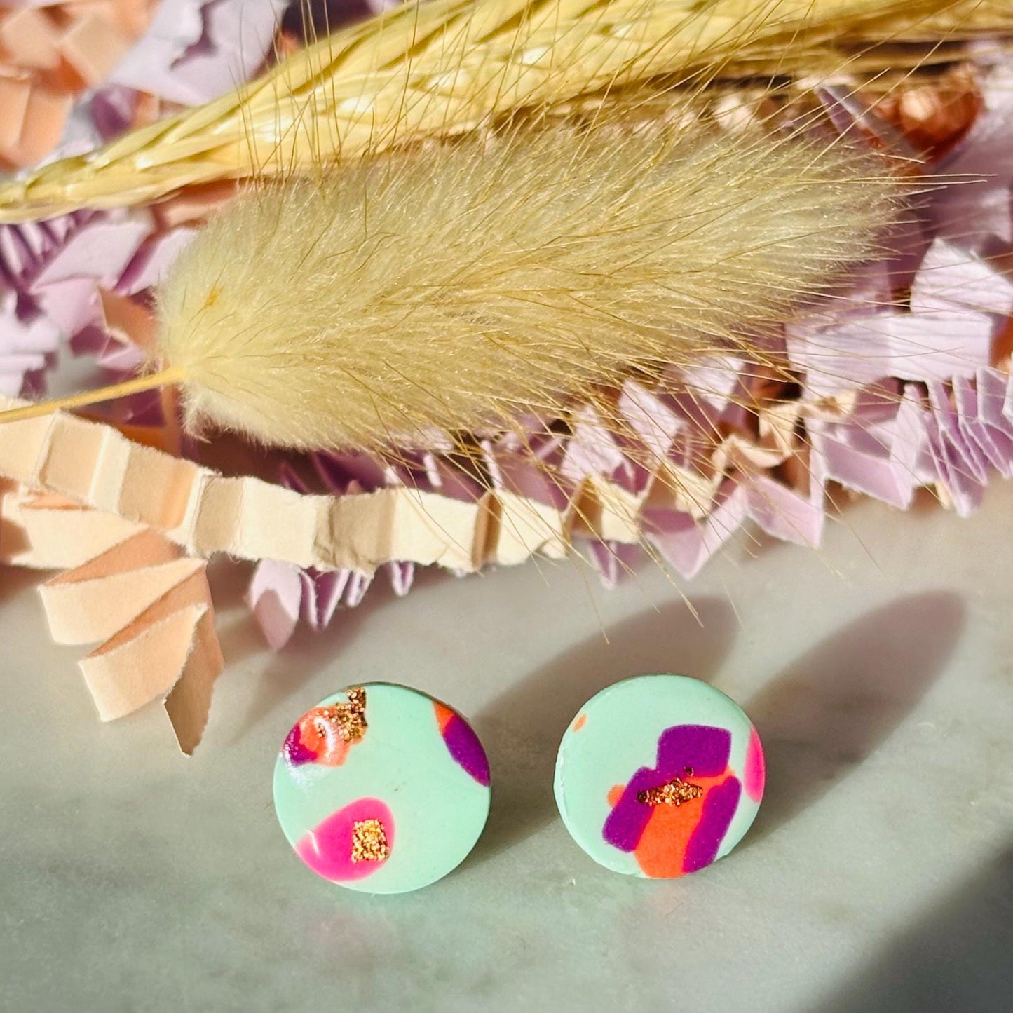 Cool retro-inspired stud earrings, handmade with polymer clay.