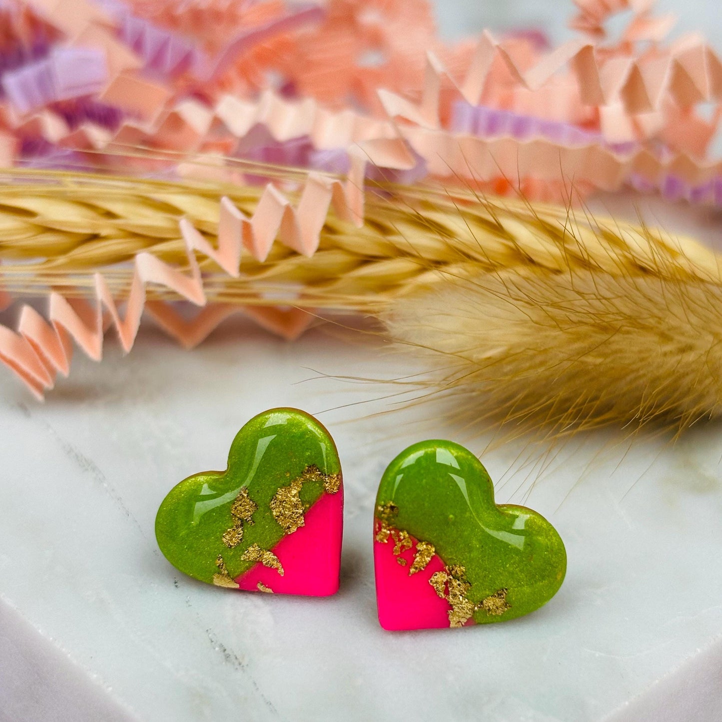 Tropical Watermelon Heart Studs - Emerald Green & Pink Earrings