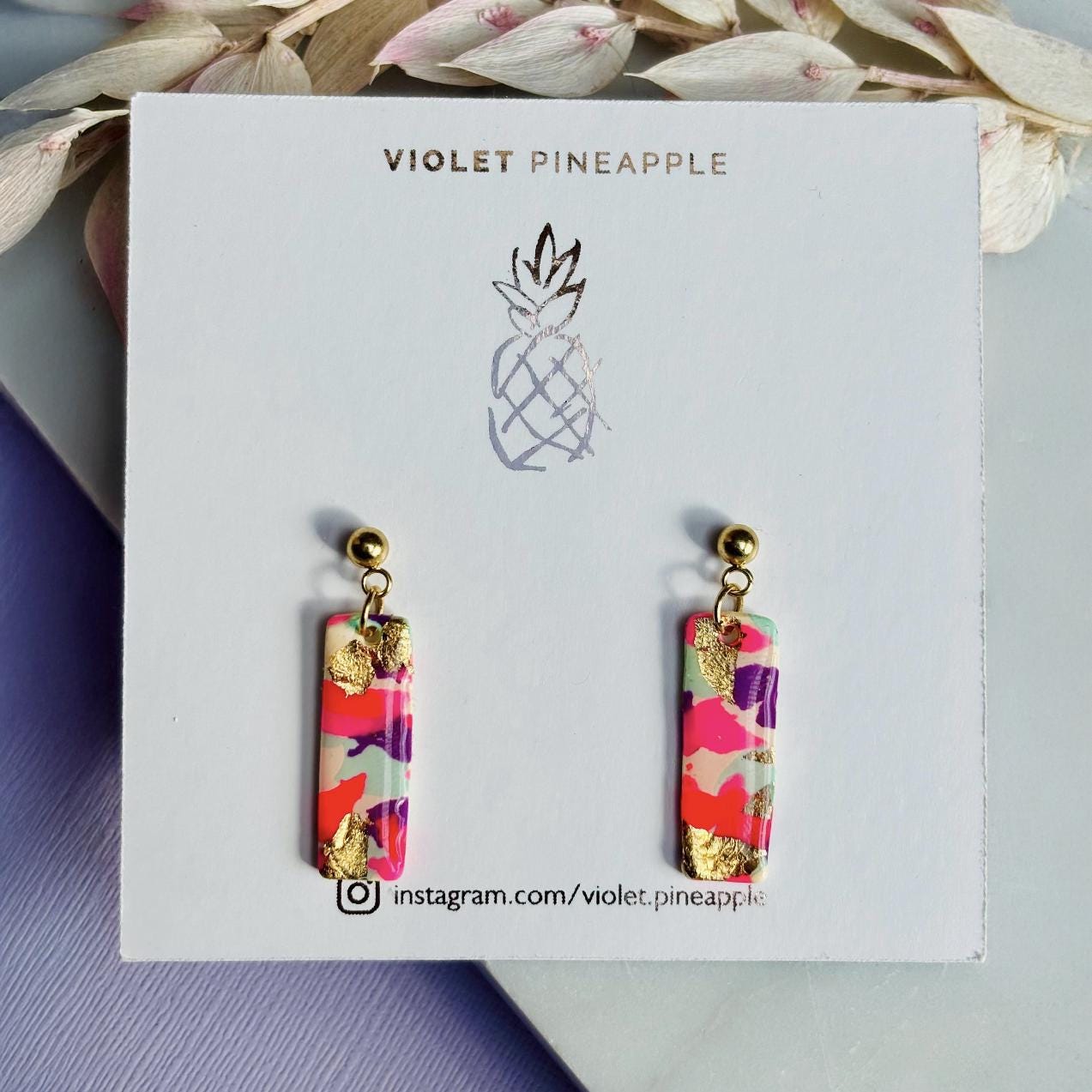 Statement Drop Stud Earrings - Colourful with Gold Foil Detail
