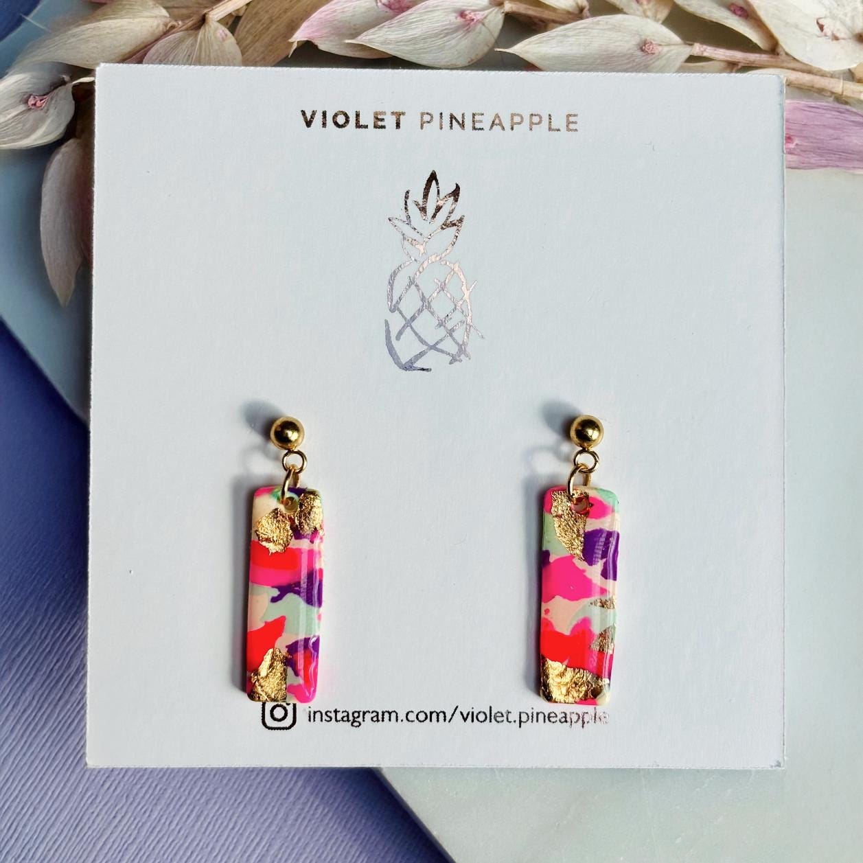 Statement Drop Stud Earrings - Colourful with Gold Foil Detail.