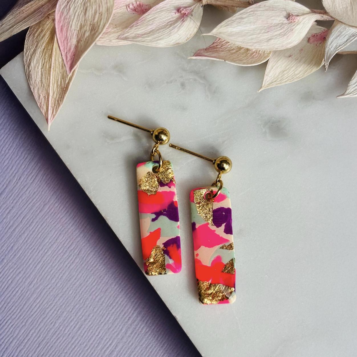 Statement Drop Stud Earrings - Colourful with Gold Foil Detail.