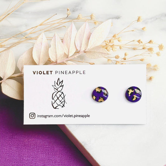 Purple Leopard Print Studs, Gold Foil Polymer Clay Jewellery, Handmade Earrings