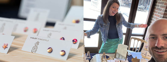 Founders Suzanne and Andy sharing the joy of handcrafted design at a Violet Pineapple event, featuring their signature colourful earrings.