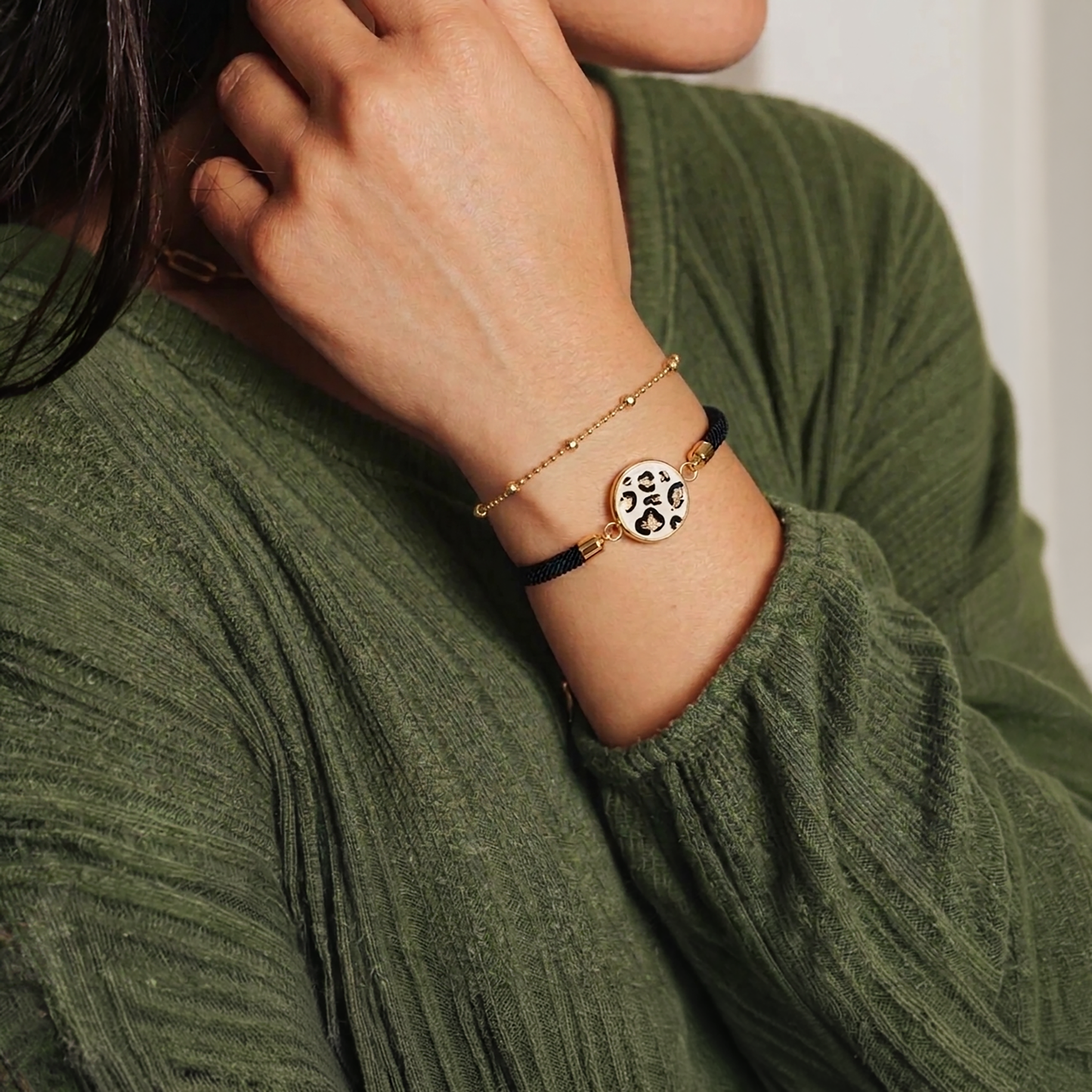Classic Leopard Print Adjustable Bracelet  Hand-Painted Gold Leaf Charm