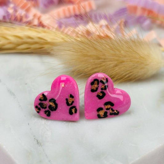 Pink Leopard Heart Studs - Chic Handmade Polymer Clay Earrings