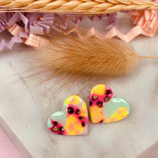 Leopard Print Heart Studs - Chic Handmade Polymer Clay Earrings
