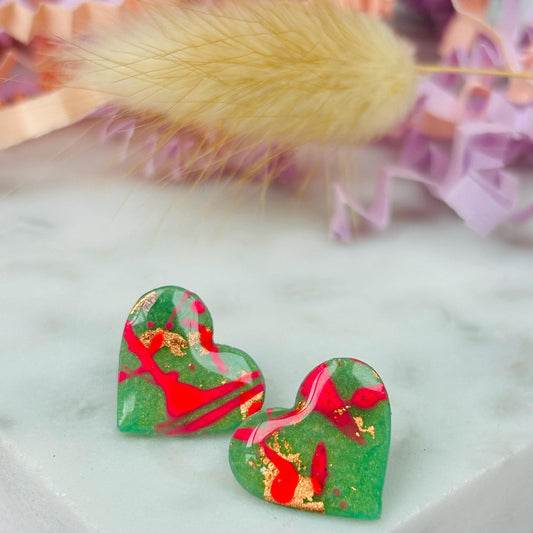 Neon Pink and Green Abstract Heart Studs - Funky & Unique