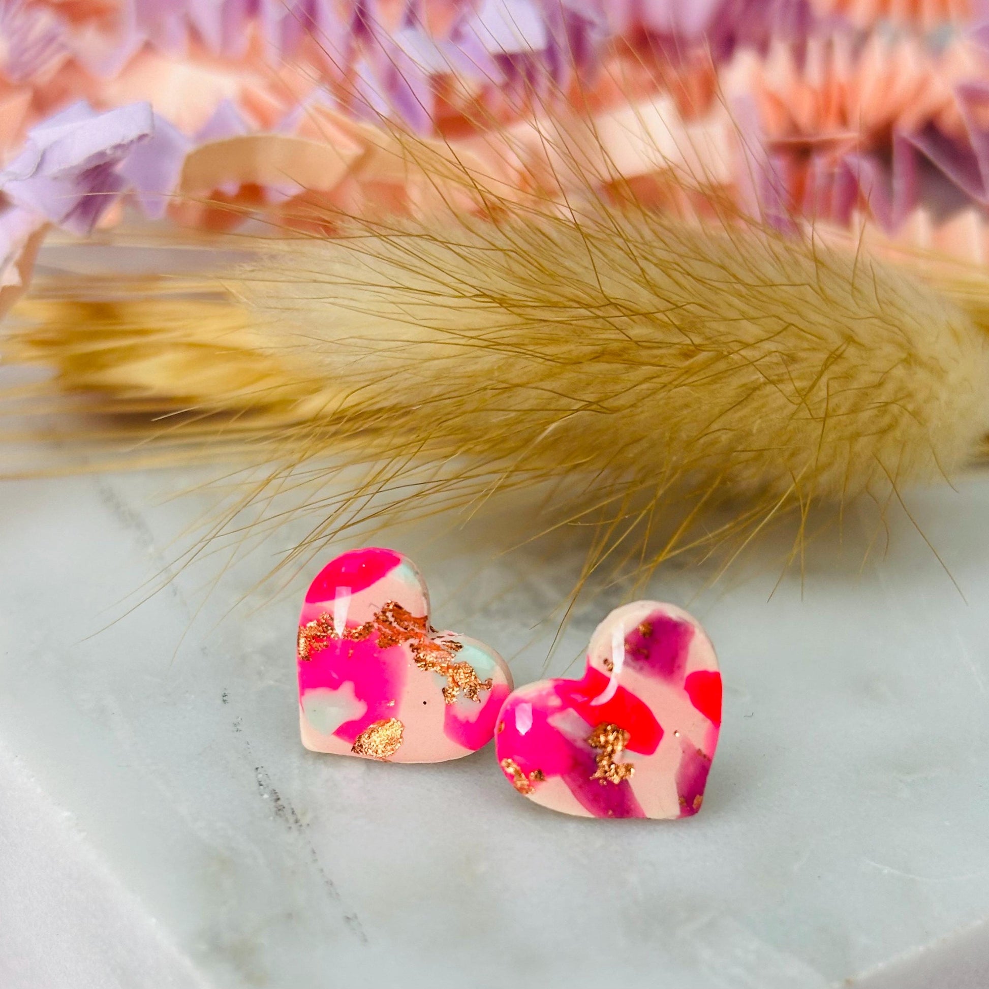 Handmade pink mix heart earrings with gold foil accents, limited edition
