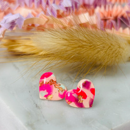 Handmade pink mix heart earrings with gold foil accents, limited edition