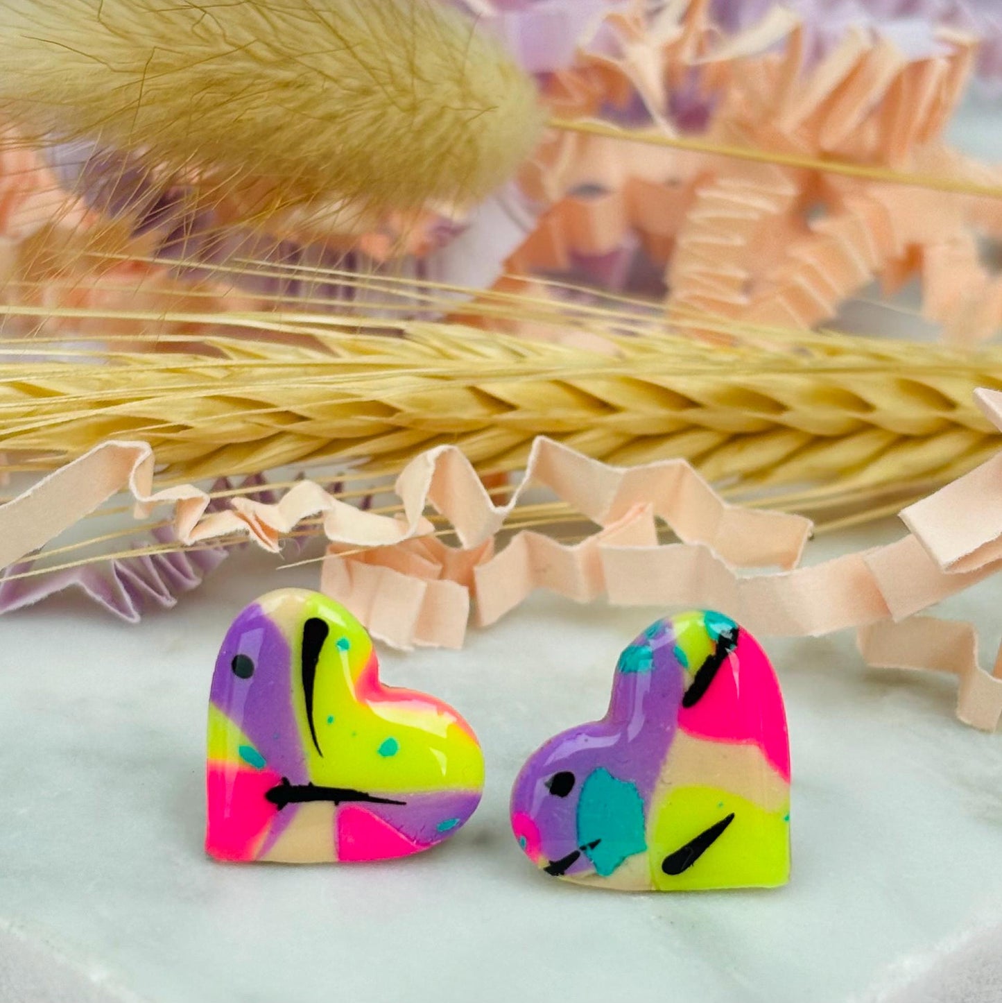 80s Disco Heart Studs - Handmade Polymer Clay Earrings