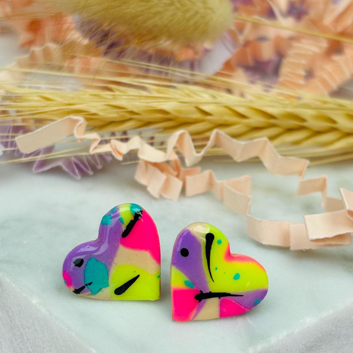 80s Disco Heart Studs - Handmade Polymer Clay Earrings