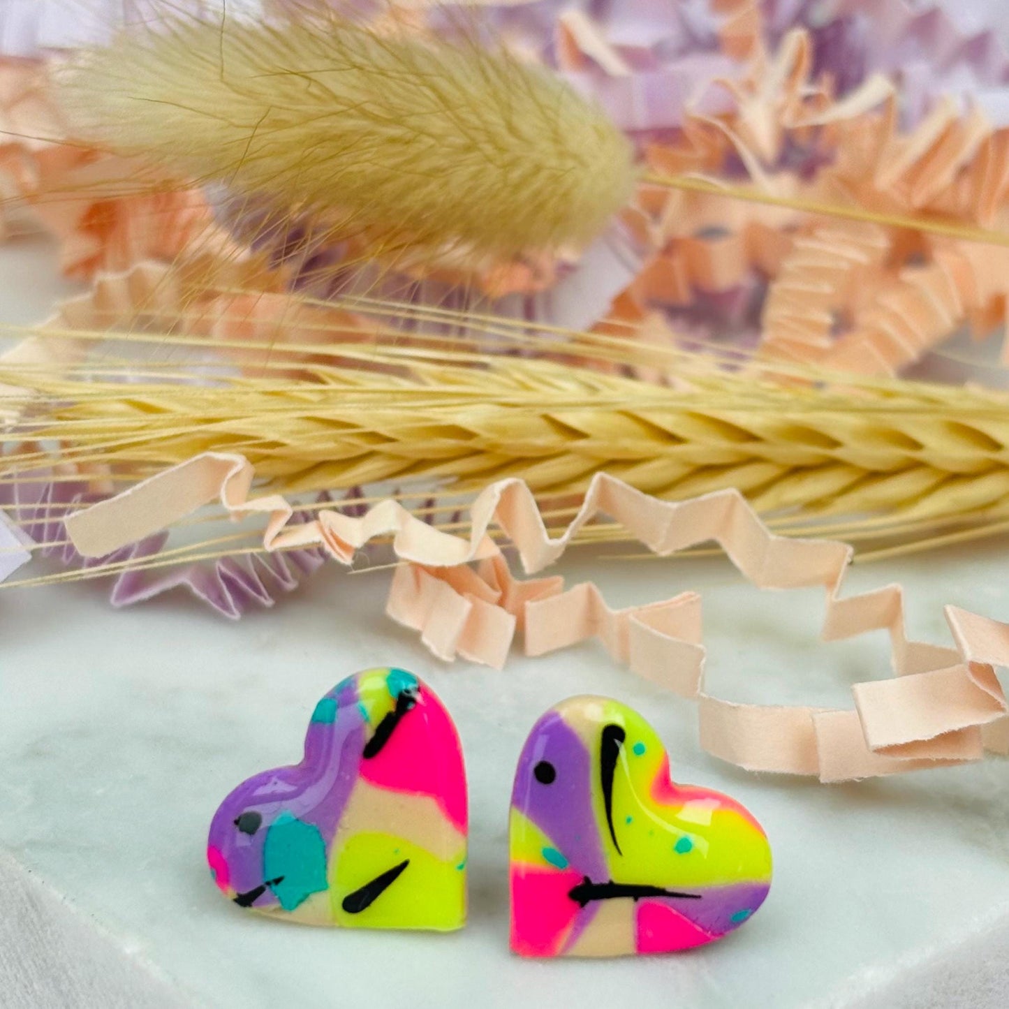 80s Disco Heart Studs - Handmade Polymer Clay Earrings