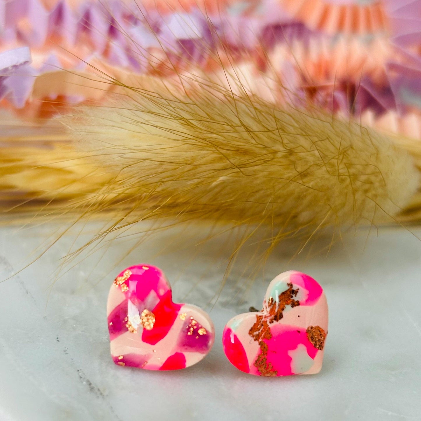 Handmade pink mix heart earrings with gold foil accents, limited edition