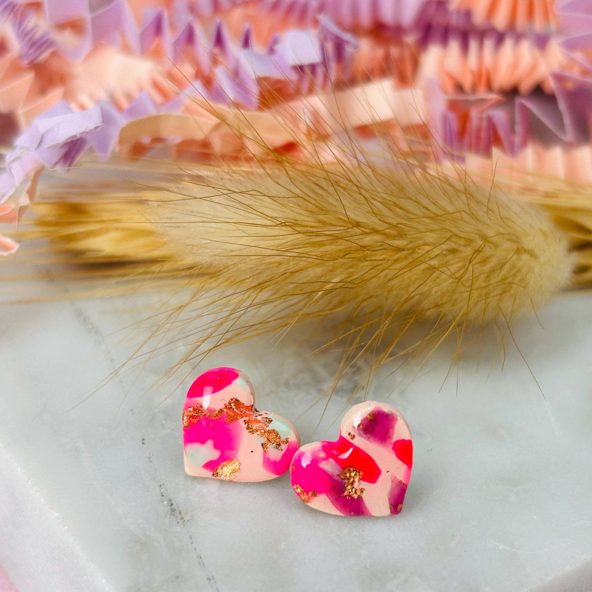 Handmade pink mix heart earrings with gold foil accents, limited edition