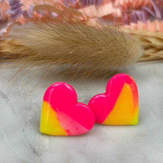 80s Surf Sunset Heart Studs - Vibrant Handmade Polymer Clay Earrings