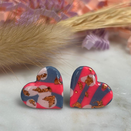 Retro Heart Earrings - Blue, Pink & Rose Gold Studs