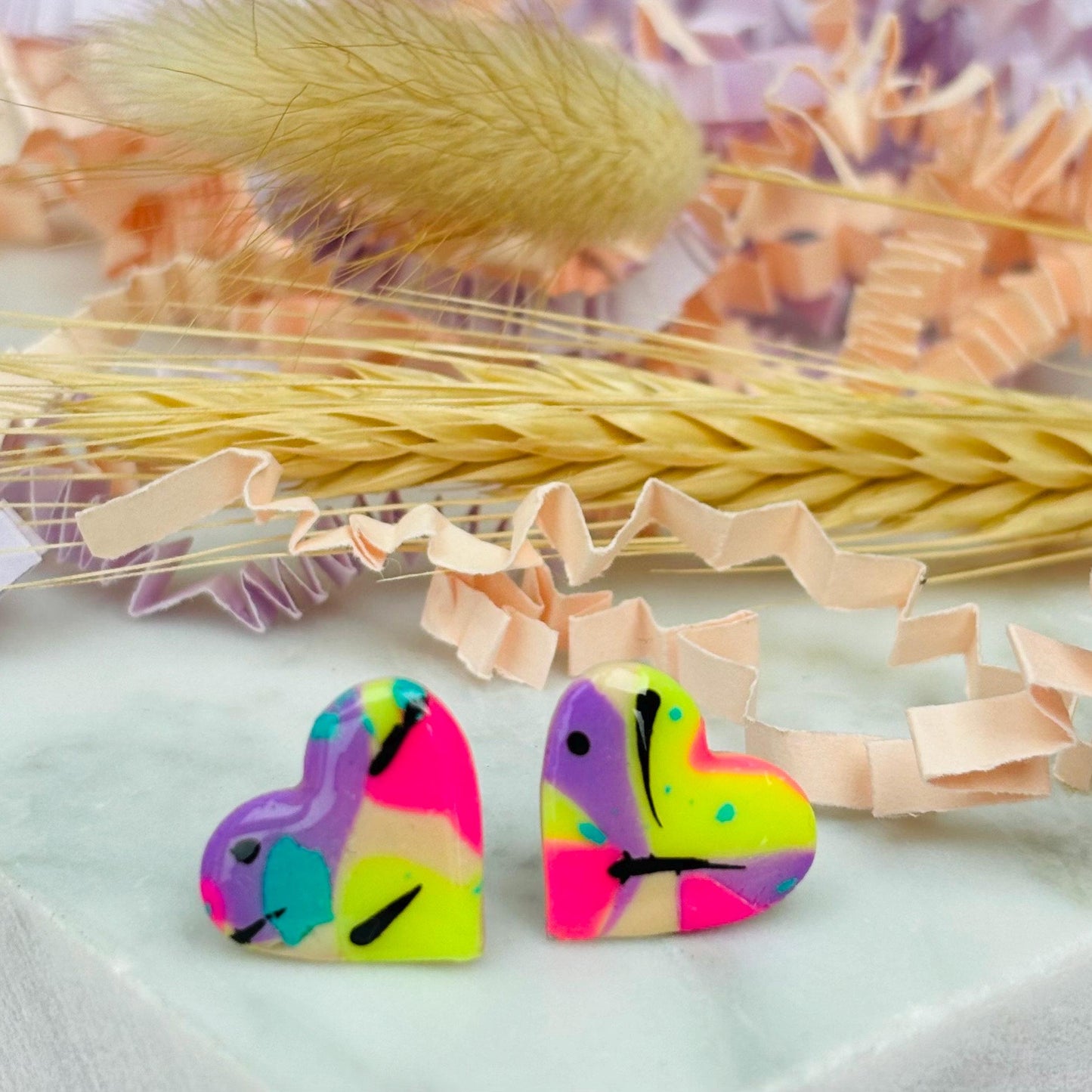 80s Disco Heart Studs - Handmade Polymer Clay Earrings