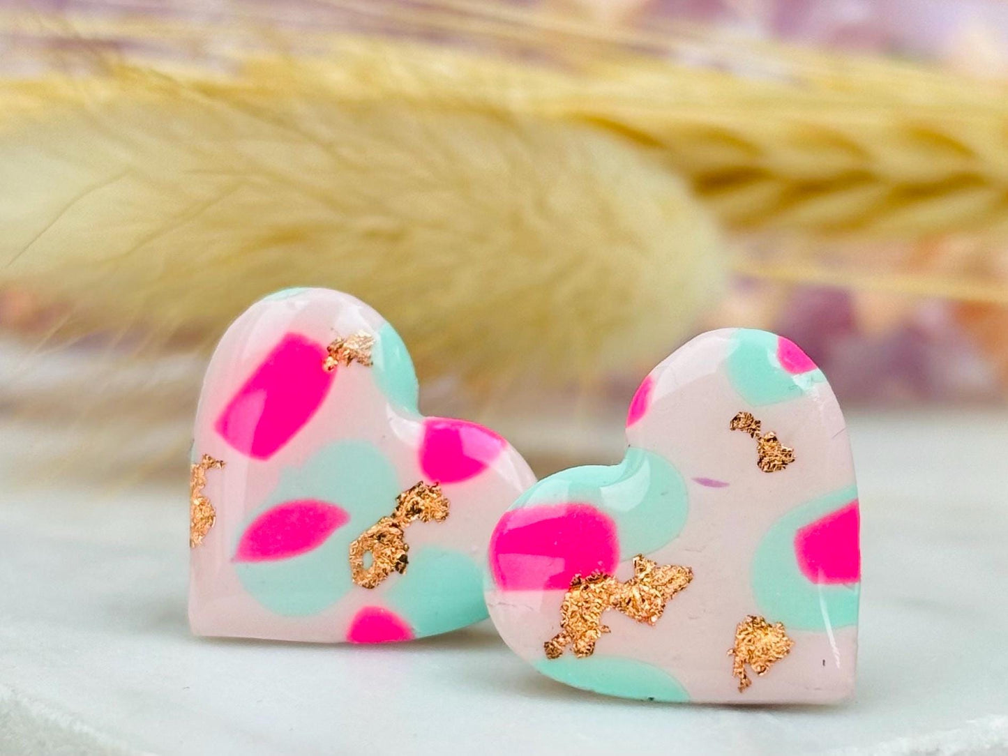 Pastel Pink Heart Earrings - Spring Blossom Studs