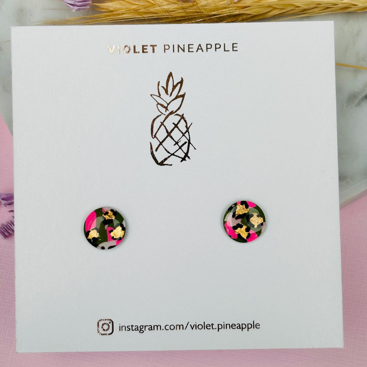 Festive Chic: Leopard Print Stud Earrings Pink, Green & Gold Christmas Gift
