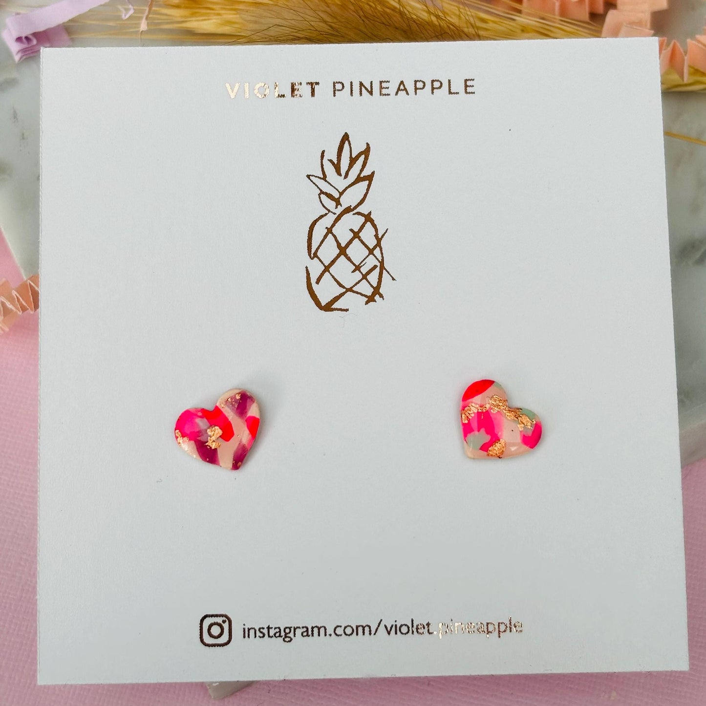 Handmade pink mix heart earrings with gold foil accents, limited edition