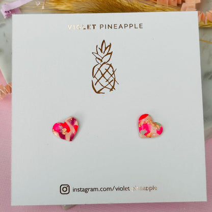 Handmade pink mix heart earrings with gold foil accents, limited edition