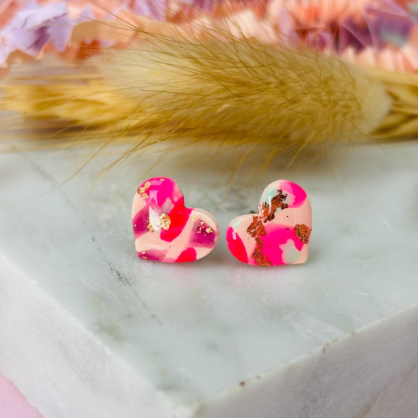 Handmade pink mix heart earrings with gold foil accents, limited edition