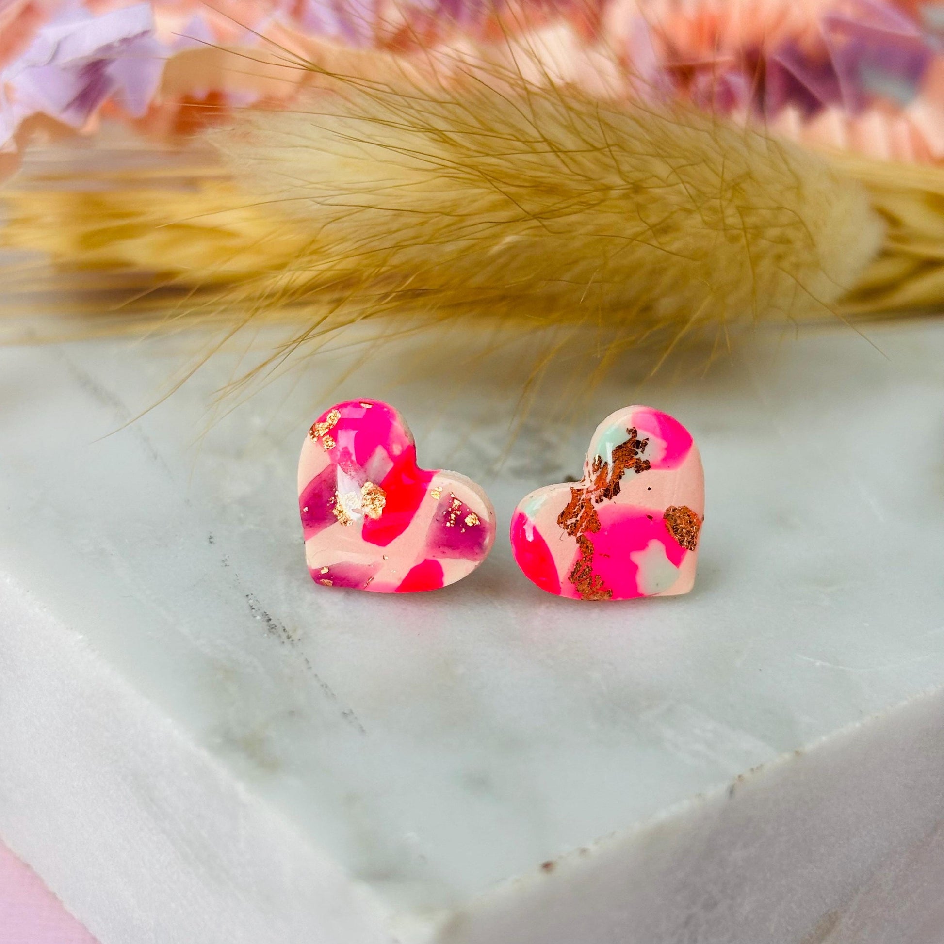 Handmade pink mix heart earrings with gold foil accents, limited edition
