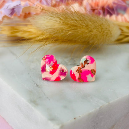 Handmade pink mix heart earrings with gold foil accents, limited edition