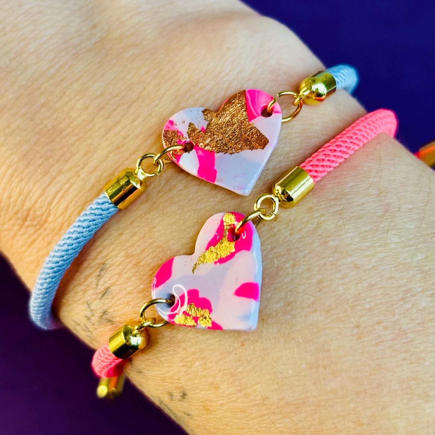Handmade heart charm cord bracelet with an adjustable nylon cord. Available in pretty pink, gorgeous green, powder blue, and marvellous mauve.