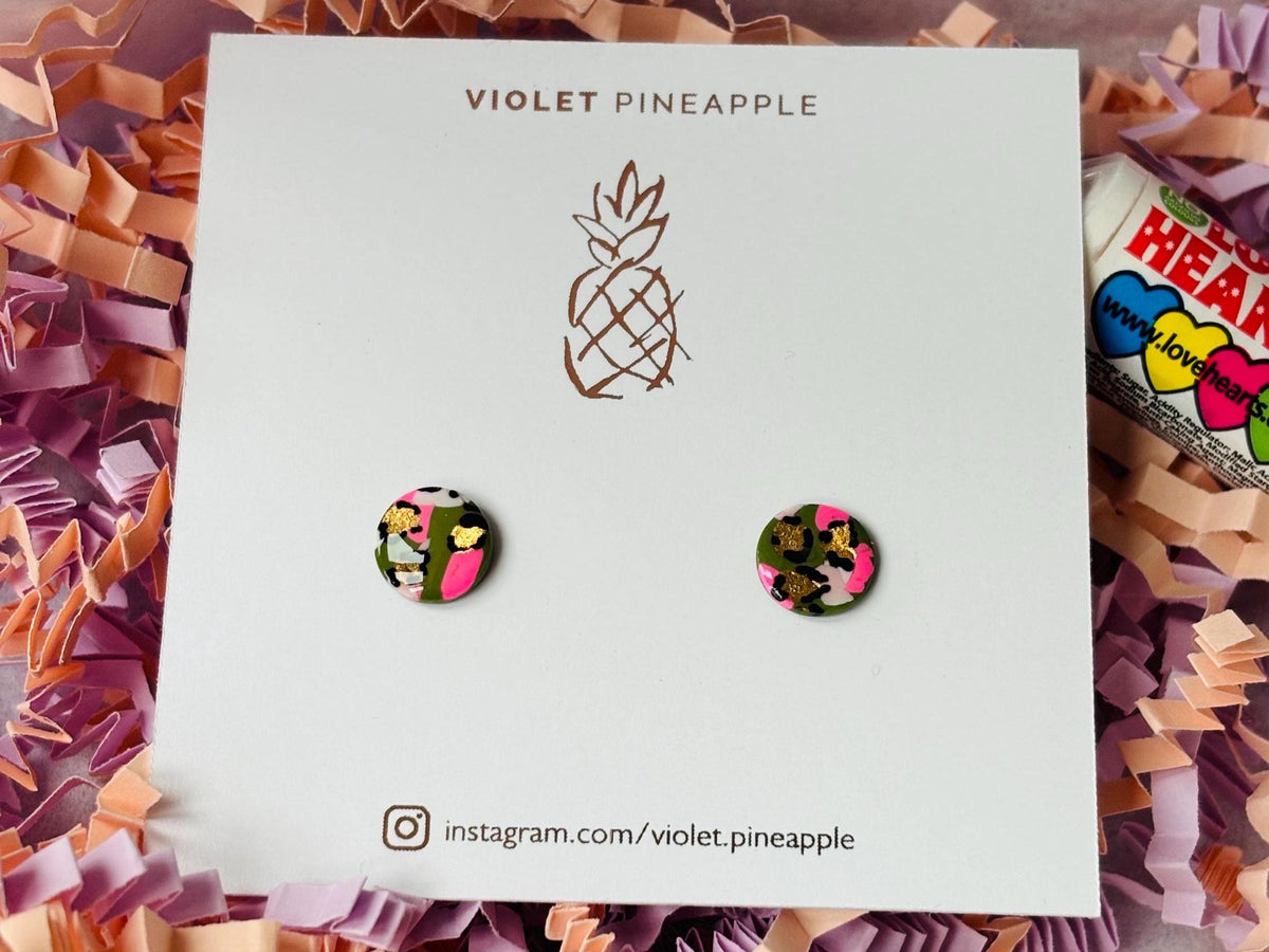 Festive Chic: Leopard Print Stud Earrings Pink, Green & Gold Christmas Gift