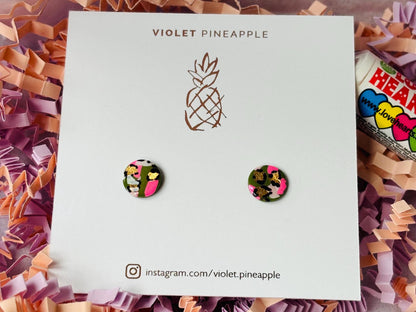 Festive Chic: Leopard Print Stud Earrings Pink, Green & Gold Christmas Gift