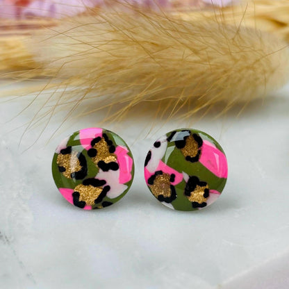 Festive Chic: Leopard Print Stud Earrings Pink, Green & Gold Christmas Gift