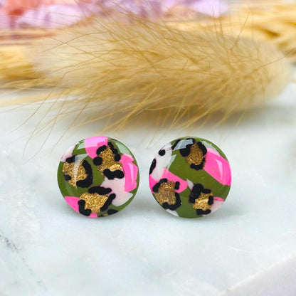Festive Chic: Leopard Print Stud Earrings Pink, Green & Gold Christmas Gift
