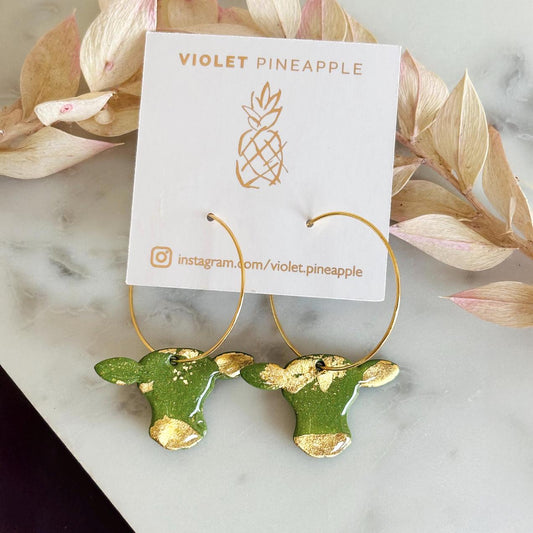 Handmade Cow Hoop Earrings - Green & Gold Leaf Dangles