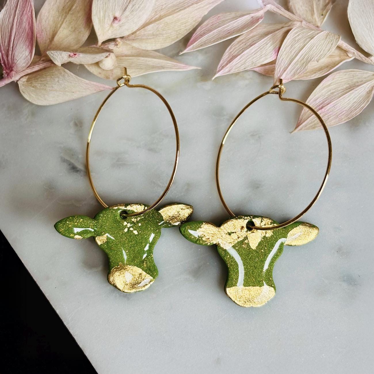 Handmade Cow Hoop Earrings - Green & Gold Leaf Dangles