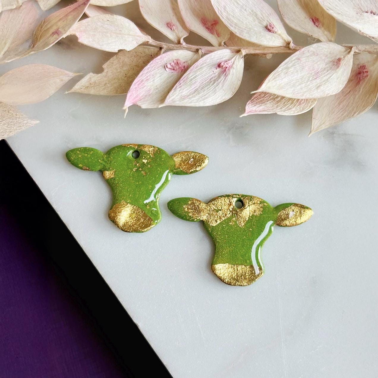 Handmade Cow Hoop Earrings - Green & Gold Leaf Dangles