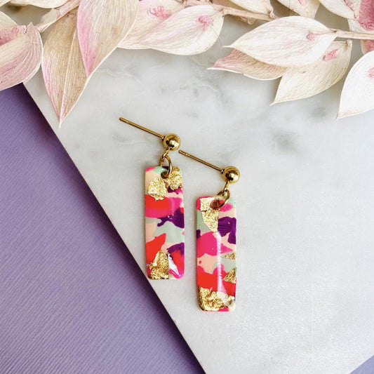 Statement Drop Stud Earrings - Colourful with Gold Foil Detail.