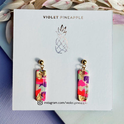 Statement Drop Stud Earrings - Colourful with Gold Foil Detail.
