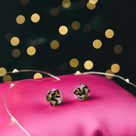 Festive Chic: Leopard Print Stud Earrings Pink, Green & Gold Christmas Gift