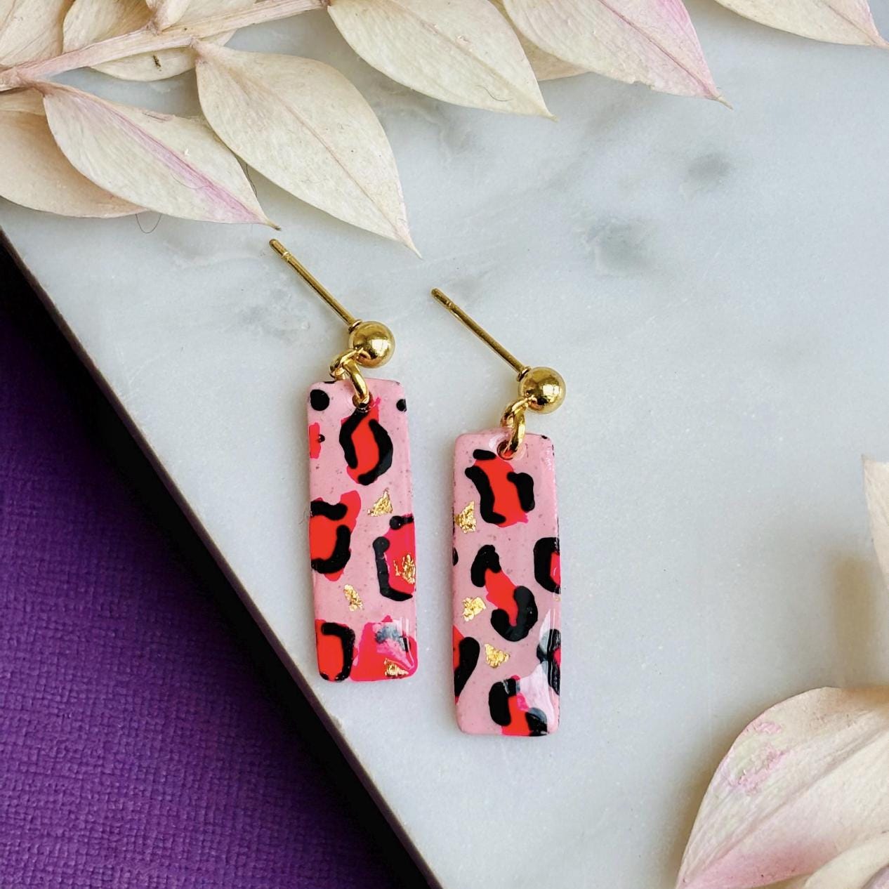 Pink Leopard Print Earrings | Handmade Drop Studs | Chic & Elegant