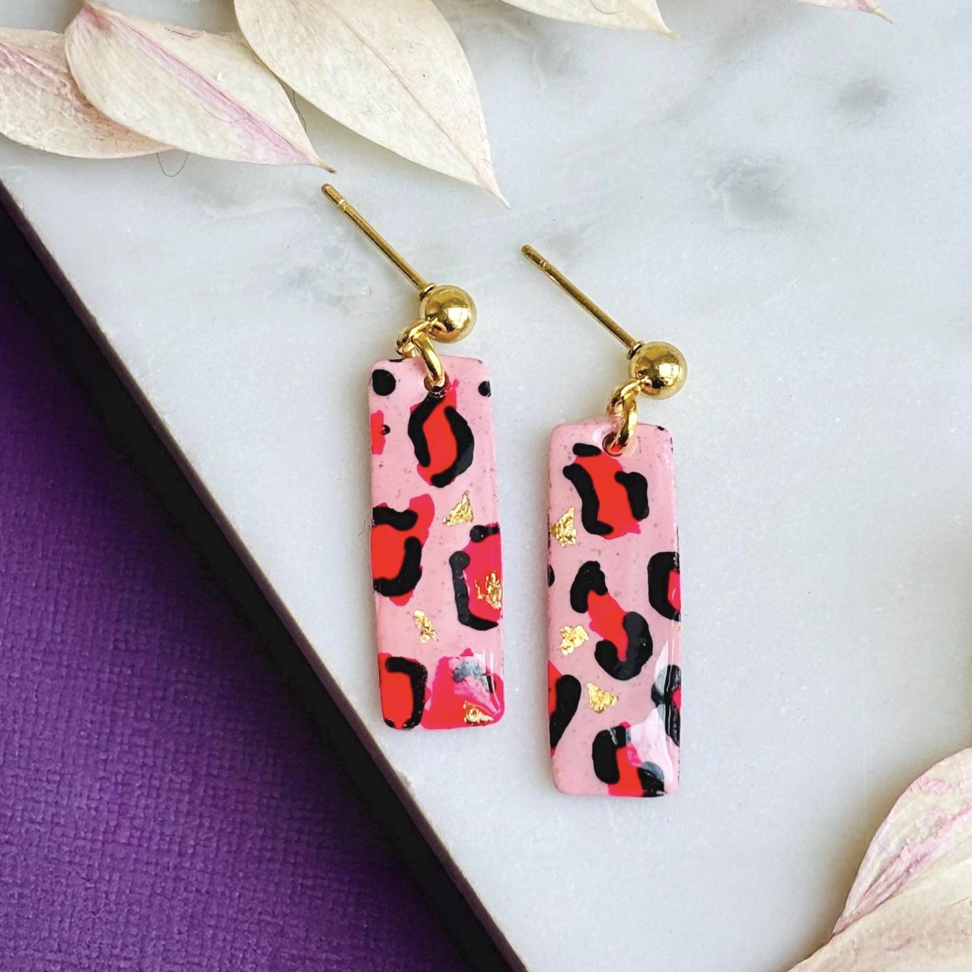 Pink Leopard Print Earrings | Handmade Drop Studs | Chic & Elegant