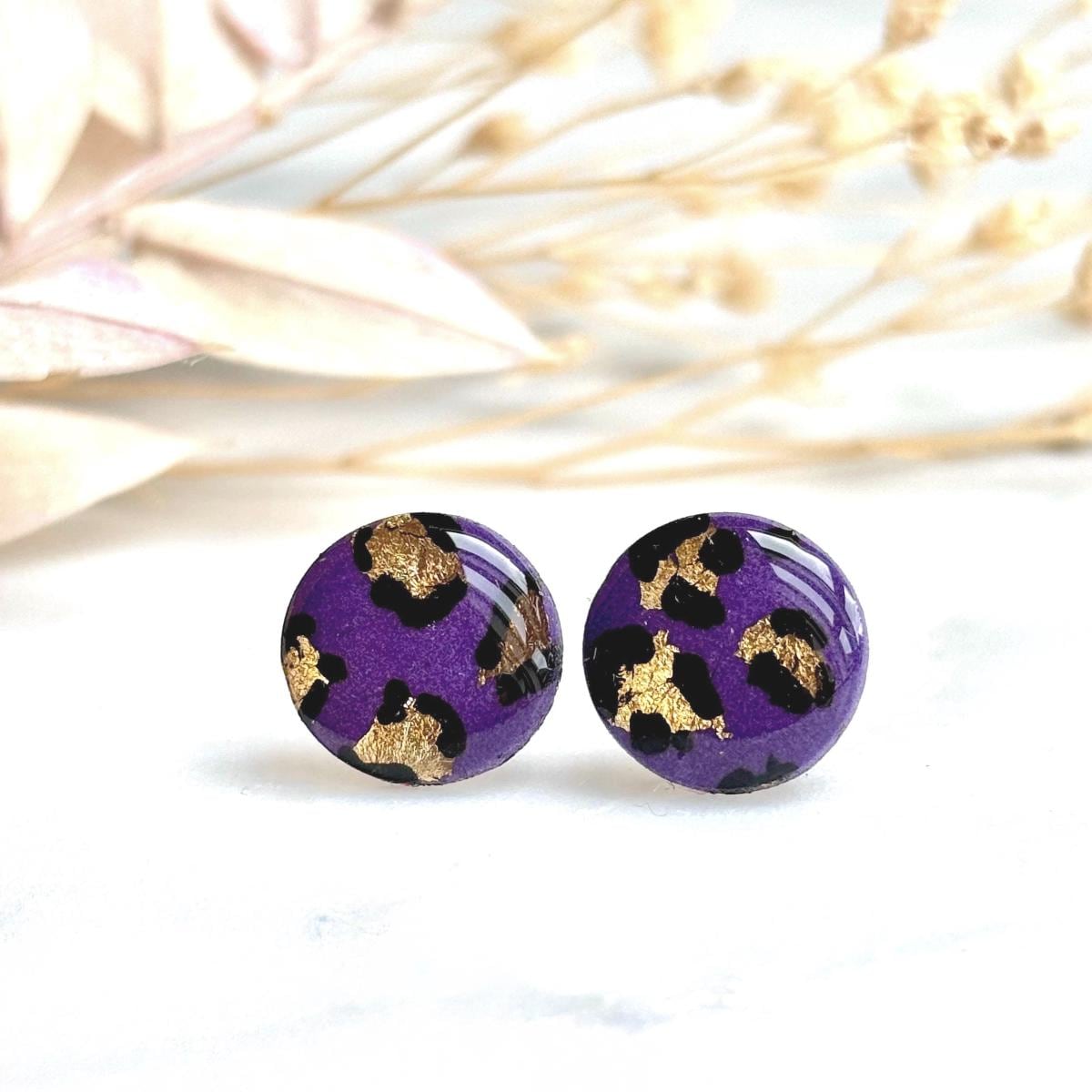 Purple Leopard Print Studs, Gold Foil Polymer Clay Jewellery, Handmade Earrings