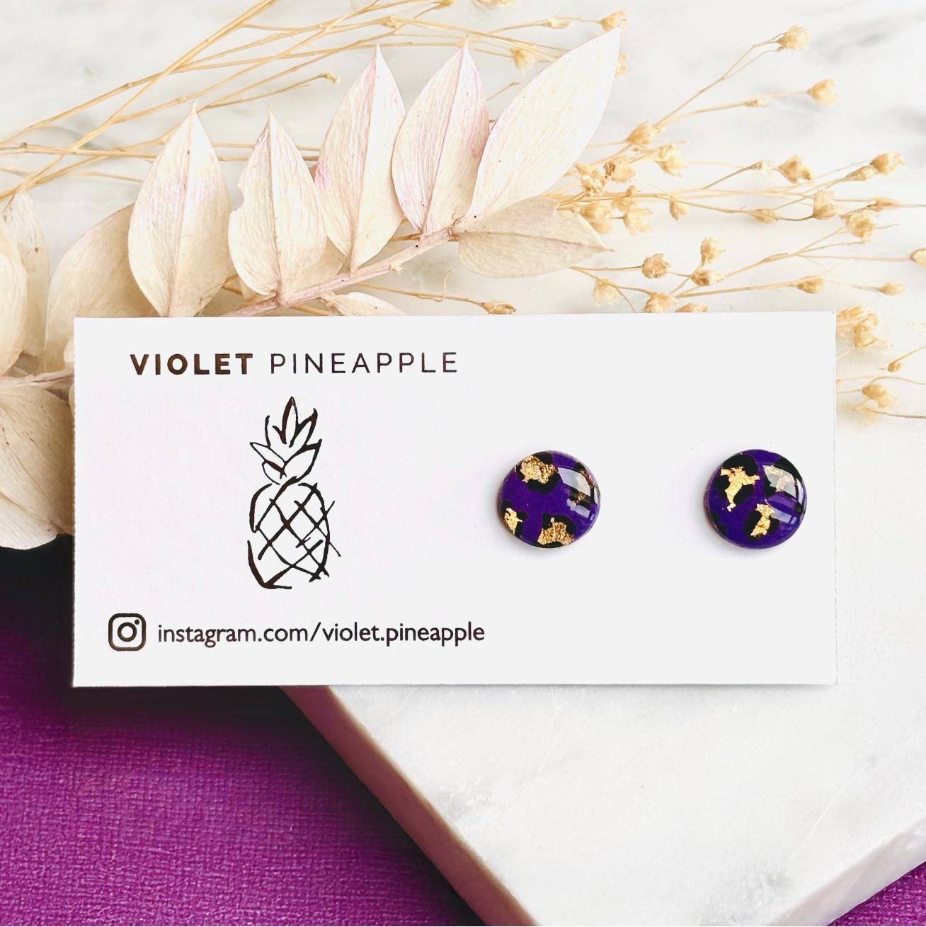 Purple Leopard Print Studs, Gold Foil Polymer Clay Jewellery, Handmade Earrings