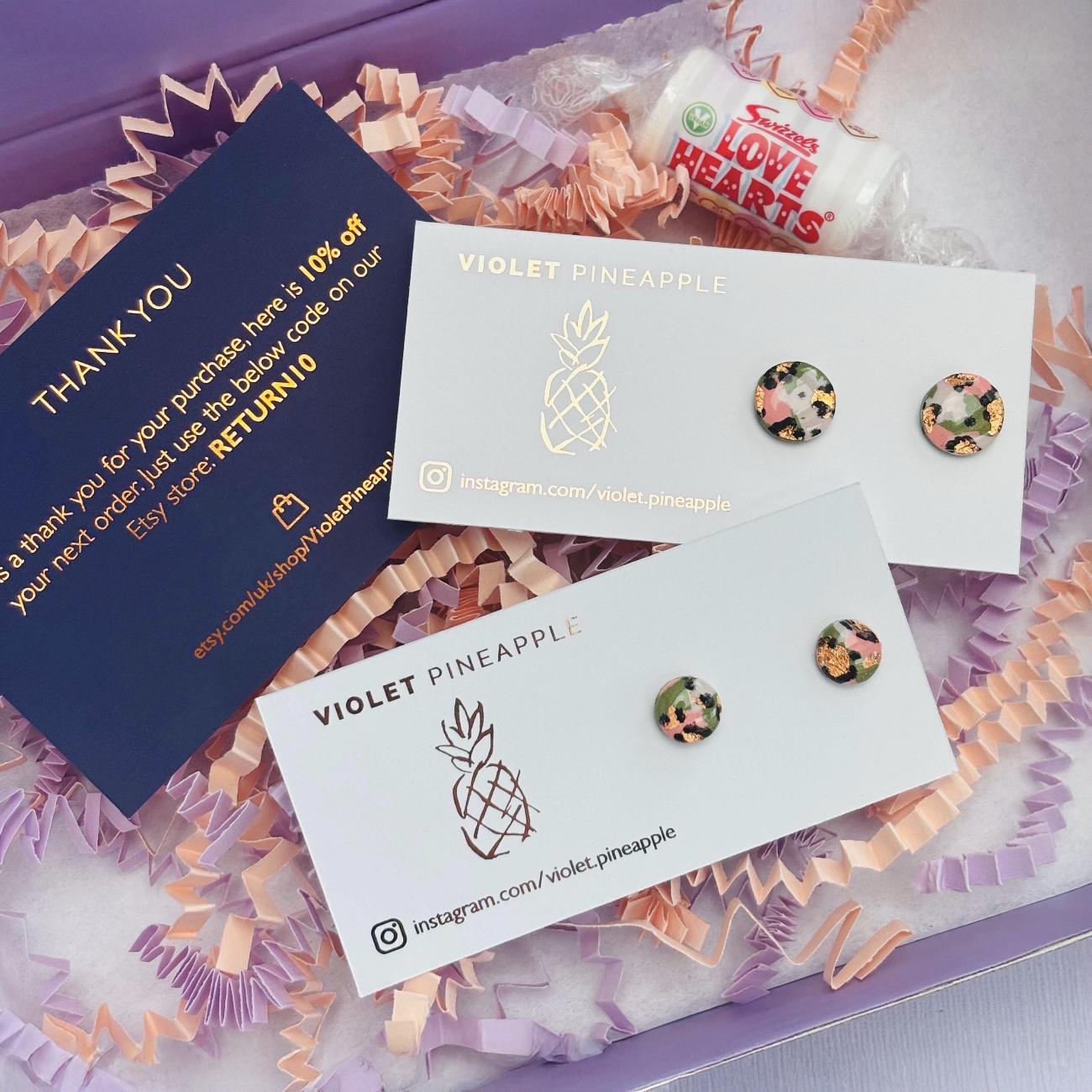 Purple Leopard Print Studs, Gold Foil Polymer Clay Jewellery, Handmade Earrings