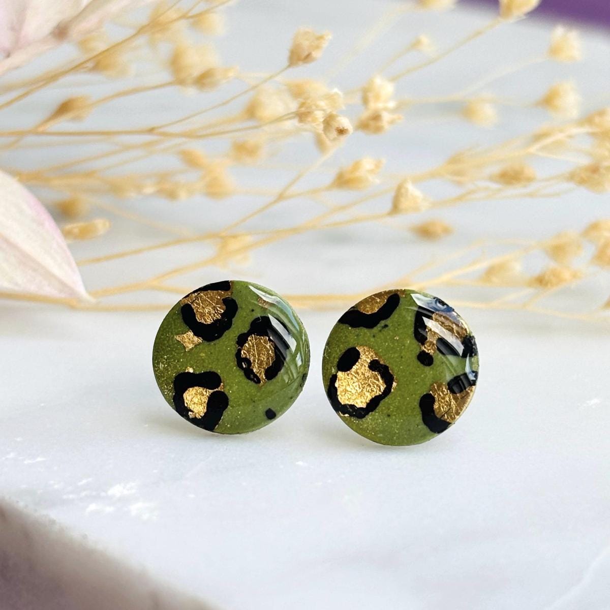 Olive Green Leopard Print Studs, Gold Foil Polymer Clay Jewellery, Handmade Earrings