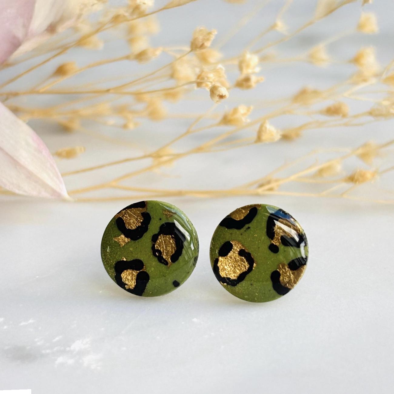 Olive Green Leopard Print Studs, Gold Foil Polymer Clay Jewellery, Handmade Earrings