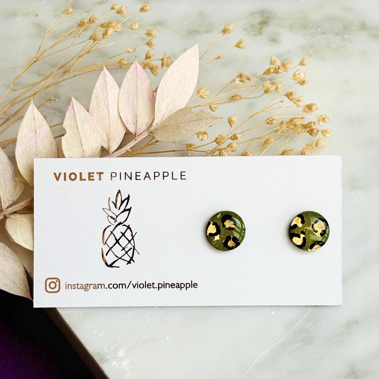 Olive Green Leopard Print Studs, Gold Foil Polymer Clay Jewellery, Handmade Earrings