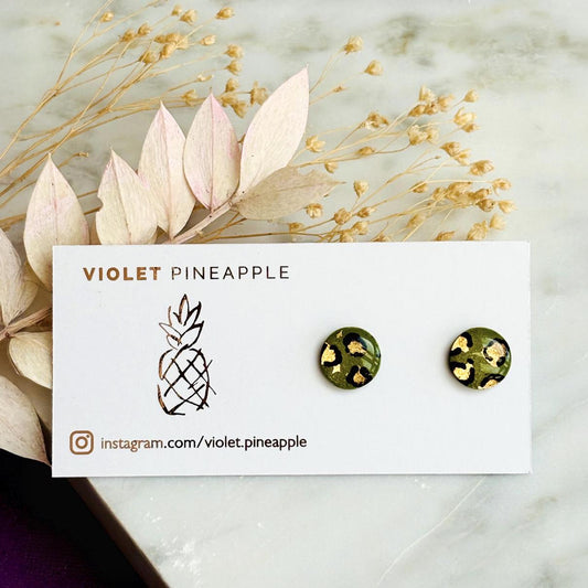 Olive Green Leopard Print Studs, Gold Foil Polymer Clay Jewellery, Handmade Earrings