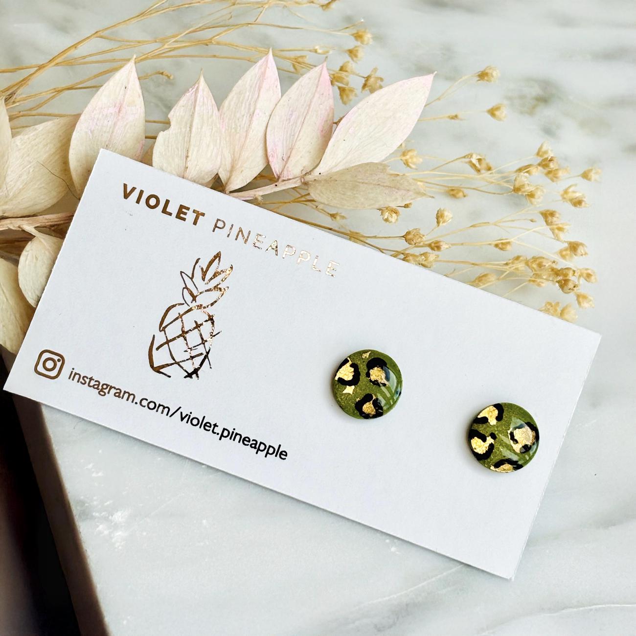 Olive Green Leopard Print Studs, Gold Foil Polymer Clay Jewellery, Handmade Earrings